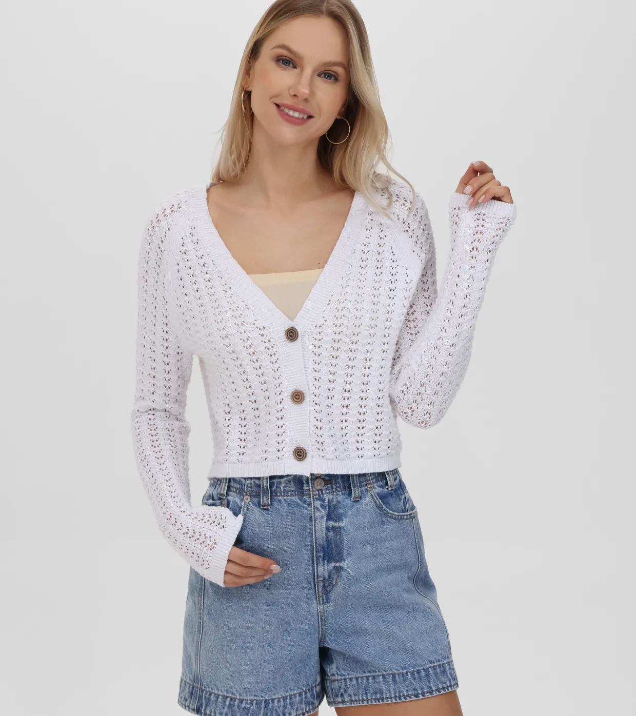 Tops^Frye Cropped Crochet V-Neck Cardigan