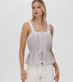 Tops^Frye Lace Trim Square Neck Tank Natural Sand Stripe
