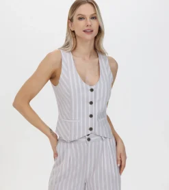 Tops^Frye Linen Striped Button Vest Natural Sand Stripe