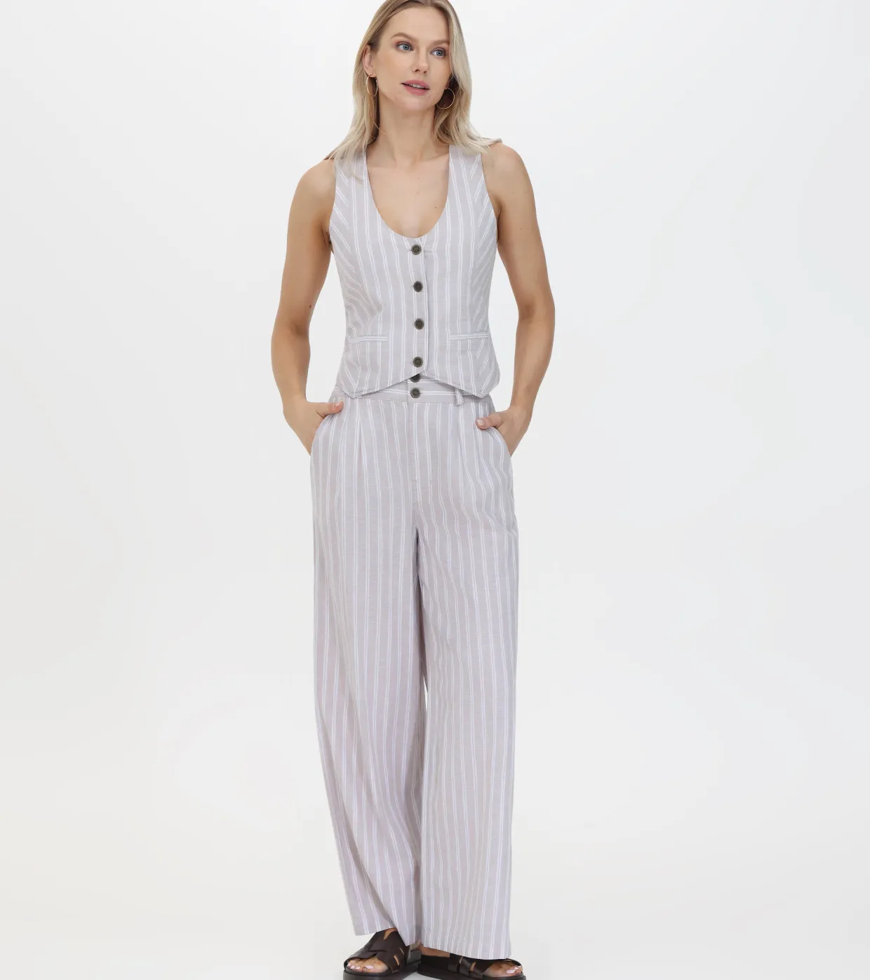 Bottoms^Frye Linen Striped Wide Leg Pant Natural Sand Stripe