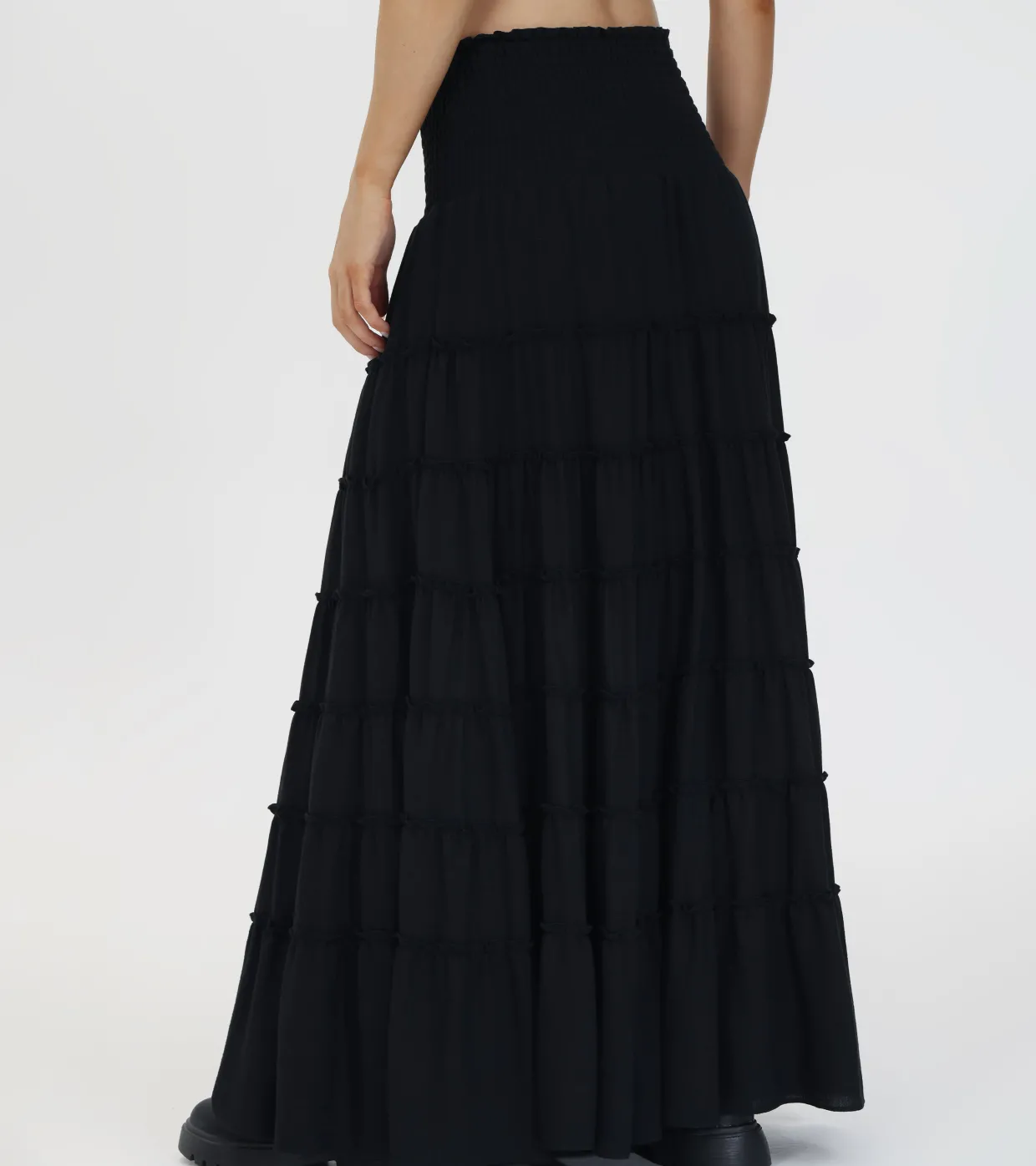 Bottoms^Frye Smocked Tiered Maxi Skirt Black Beauty