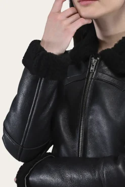 Leather Jackets^Frye Women's Leather Jacket With Sherling Collar And Cuffs Black