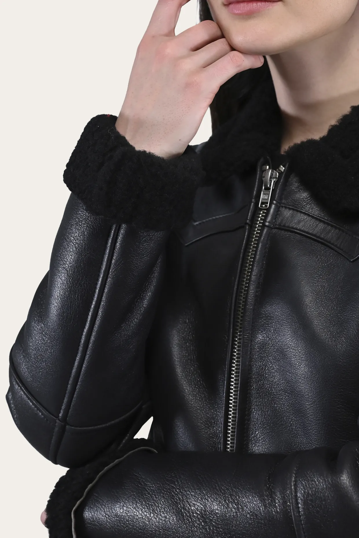 Leather Jackets^Frye Women's Leather Jacket With Sherling Collar And Cuffs Black