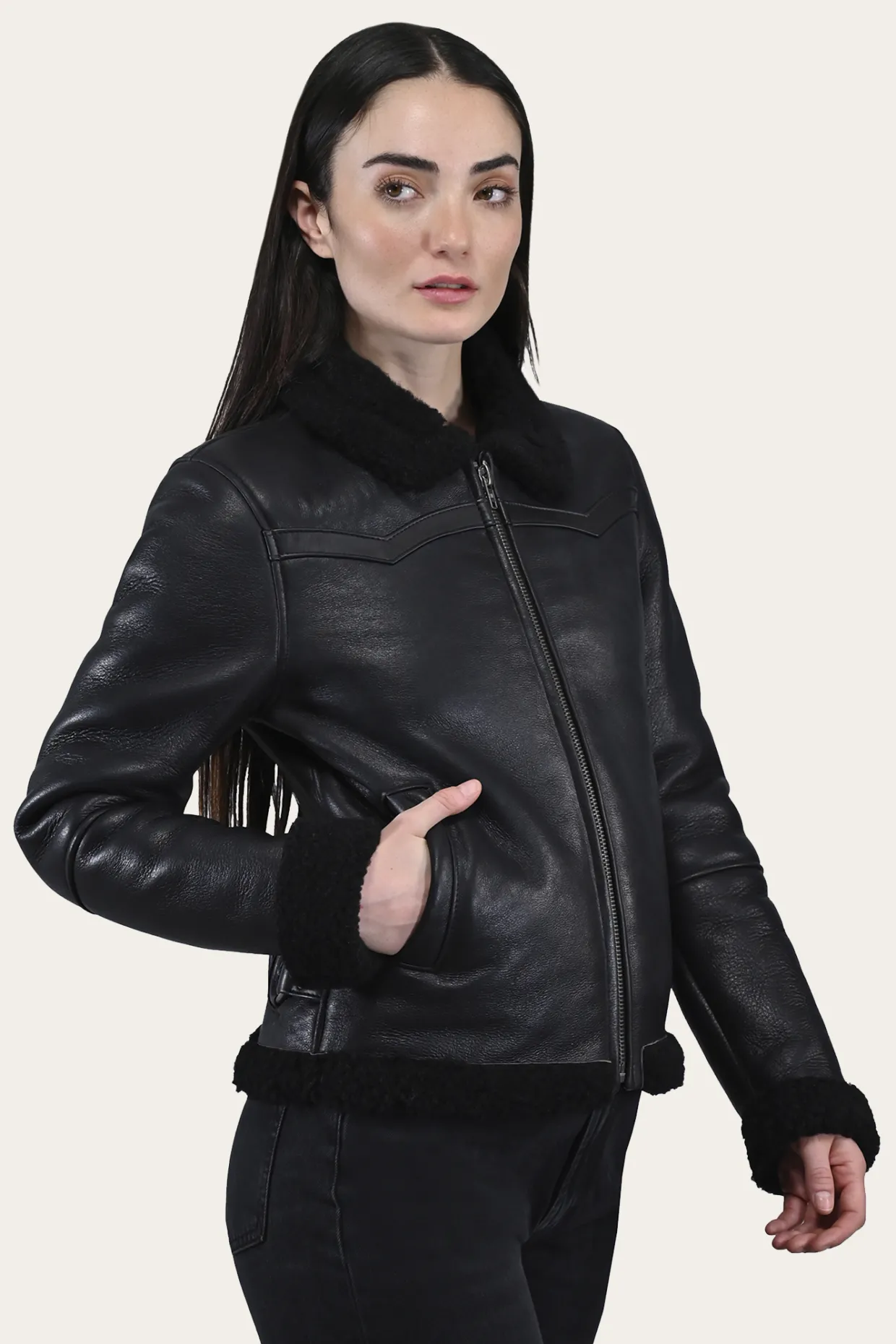 Leather Jackets^Frye Women's Leather Jacket With Sherling Collar And Cuffs Black